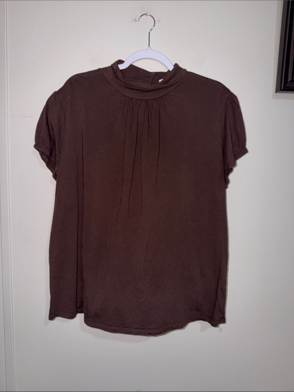 Cato Chocolate Brown Short Sleeve Mock Neck Blouse